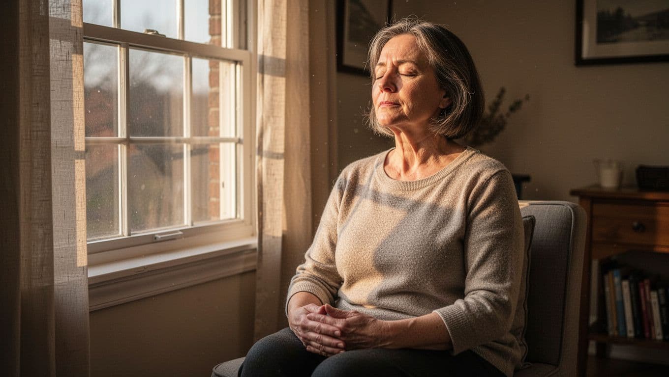 A middle-aged woman sits peacefully by a sunlit window with her eyes gently closed and hands resting in her lap. Warm afternoon light highlights her face in this calm, natural setting.