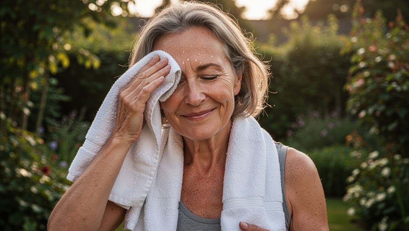 A woman in her fifties smiles while wiping perspiration from her brow with a small towel. She stands amidst lush greenery as the soft light of late afternoon illuminates her face.