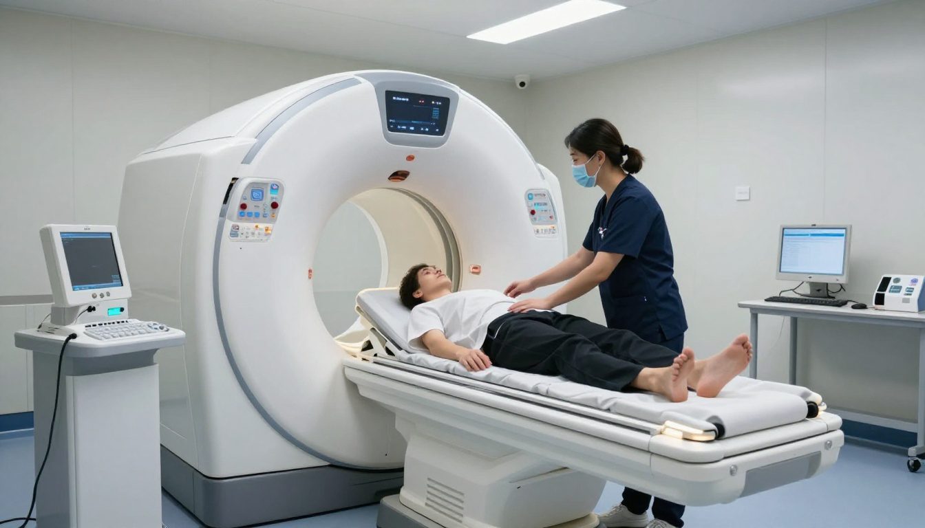 Radiology professional operating a CT scanner while an older patient lies on the imaging table, illustrating controlled medical radiation exposure.
