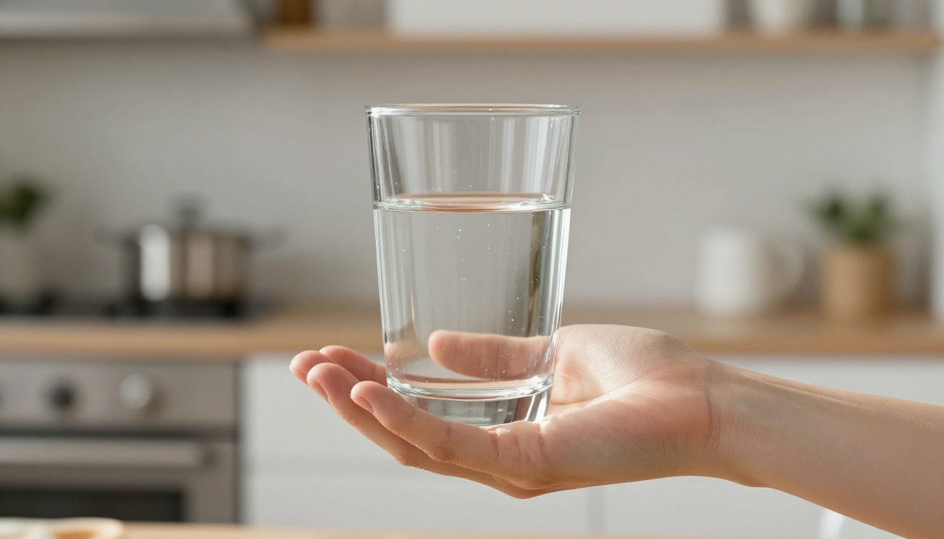 Dehydration signs can be subtle: an adult holds a glass of water, as thirst is a late and unreliable signal