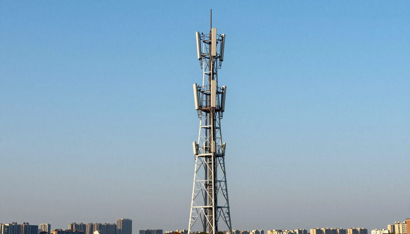 Do cell phones cause cancer? A mobile phone mast with antenna panels against a clear blue sky