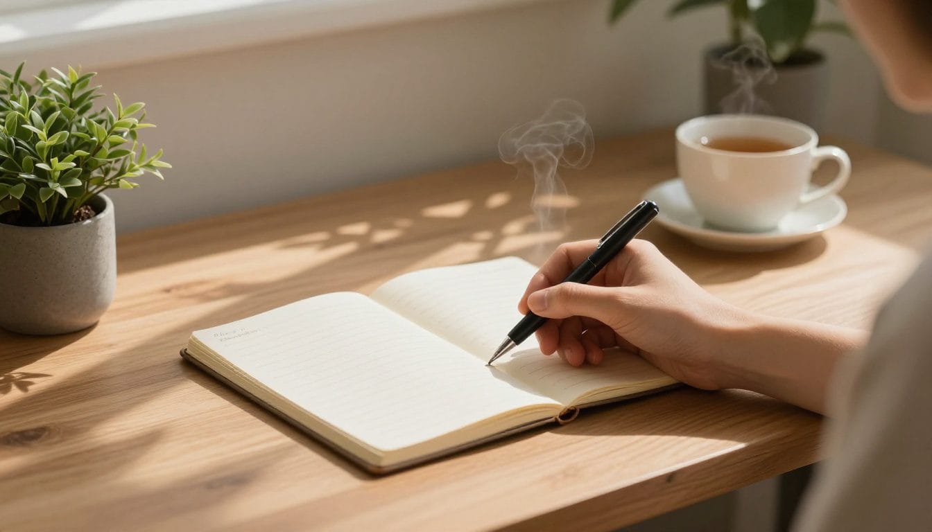 Overthinking at night: a notebook and pen set out for a short journaling session