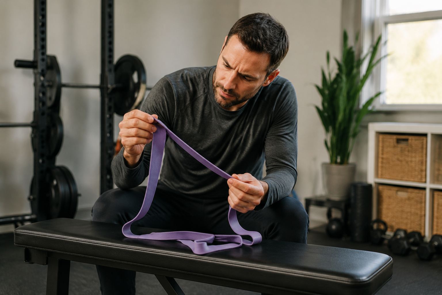 Checking a resistance band for cracks and thinning before a session