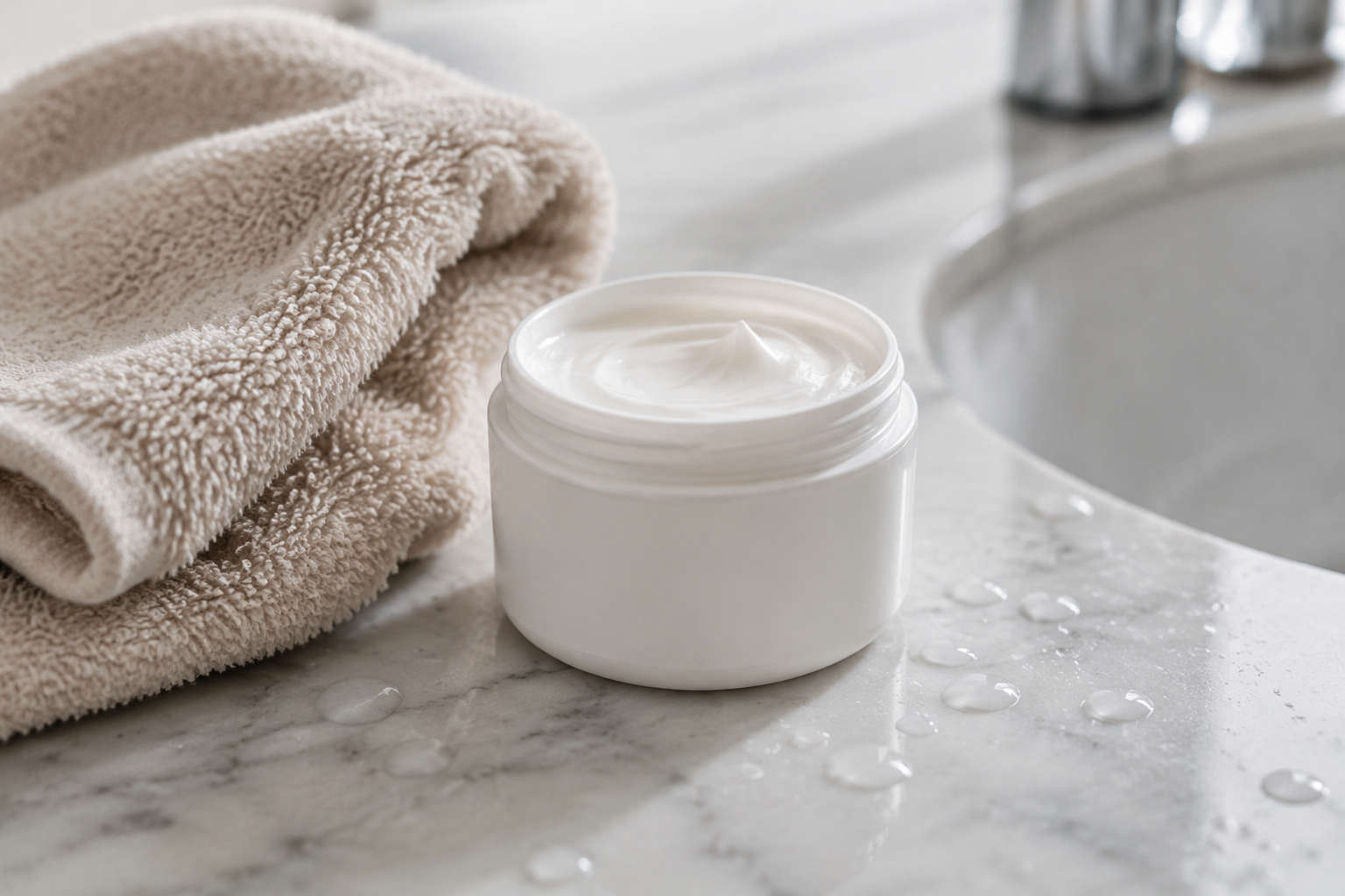 Applying a fragrance free cream to damp skin after washing