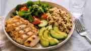 Balanced meal with lean protein, whole grains, avocado and fresh vegetables, illustrating nutrition for healthy aging after 50.