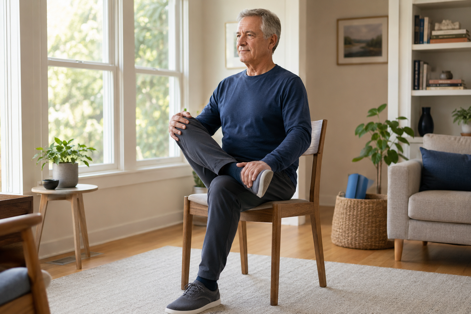 Seated hip mobility exercise using a chair for support