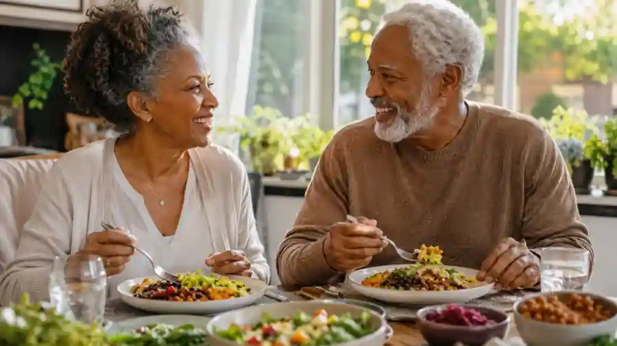 Older couple sharing a plant-forward meal with beans, whole grains and vegetables, illustrating nutrition and social connection for healthy longevity.